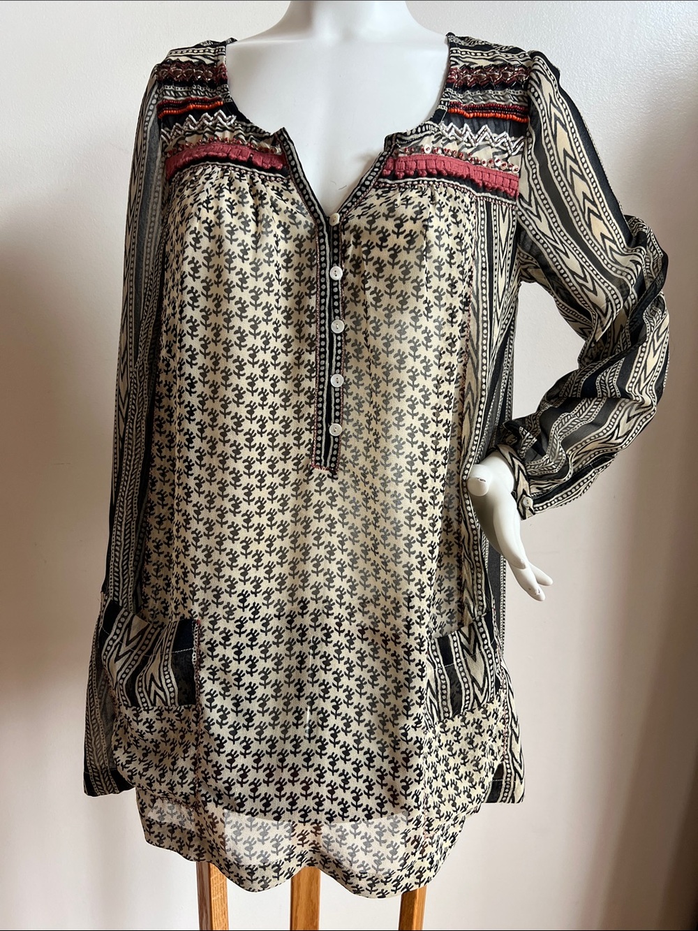 Free People Sheer Boho Button Tunic aztec gypsy festival flair